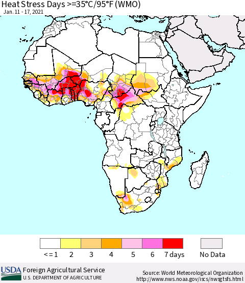 Africa Heat Stress Days >=35°C/95°F (WMO) Thematic Map For 1/11/2021 - 1/17/2021