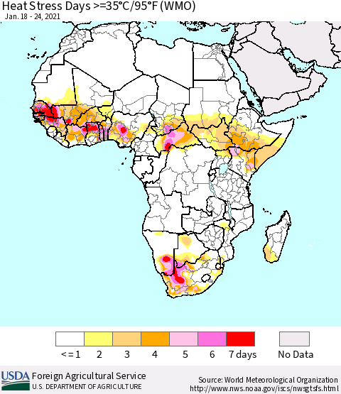 Africa Heat Stress Days >=35°C/95°F (WMO) Thematic Map For 1/18/2021 - 1/24/2021