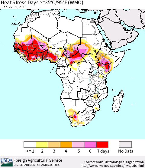 Africa Heat Stress Days >=35°C/95°F (WMO) Thematic Map For 1/25/2021 - 1/31/2021