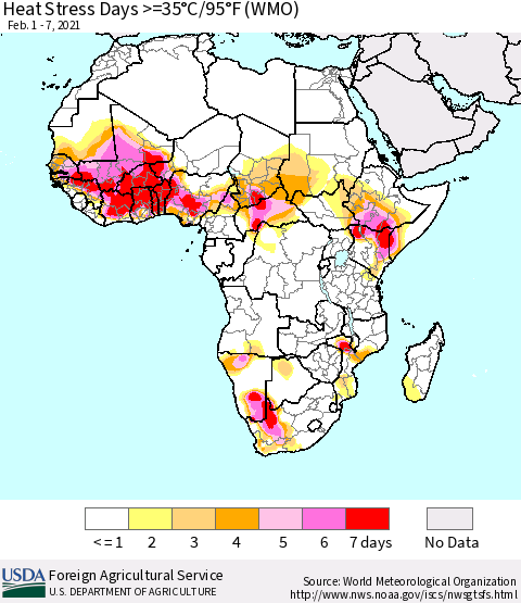 Africa Heat Stress Days >=35°C/95°F (WMO) Thematic Map For 2/1/2021 - 2/7/2021
