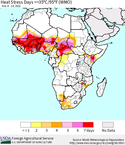 Africa Heat Stress Days >=35°C/95°F (WMO) Thematic Map For 2/8/2021 - 2/14/2021