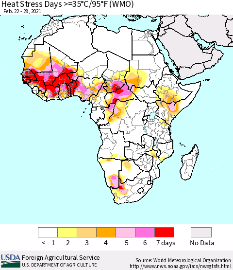 Africa Heat Stress Days >=35°C/95°F (WMO) Thematic Map For 2/22/2021 - 2/28/2021
