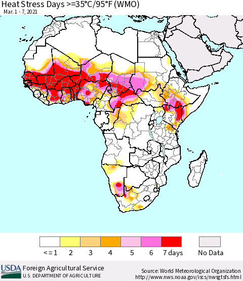 Africa Heat Stress Days >=35°C/95°F (WMO) Thematic Map For 3/1/2021 - 3/7/2021