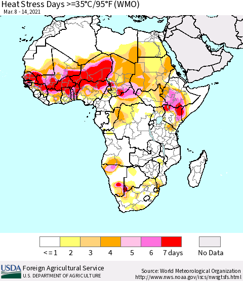 Africa Heat Stress Days >=35°C/95°F (WMO) Thematic Map For 3/8/2021 - 3/14/2021