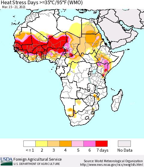 Africa Heat Stress Days >=35°C/95°F (WMO) Thematic Map For 3/15/2021 - 3/21/2021