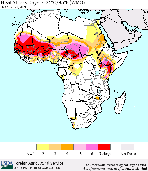 Africa Heat Stress Days >=35°C/95°F (WMO) Thematic Map For 3/22/2021 - 3/28/2021