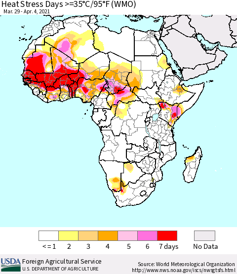 Africa Heat Stress Days >=35°C/95°F (WMO) Thematic Map For 3/29/2021 - 4/4/2021