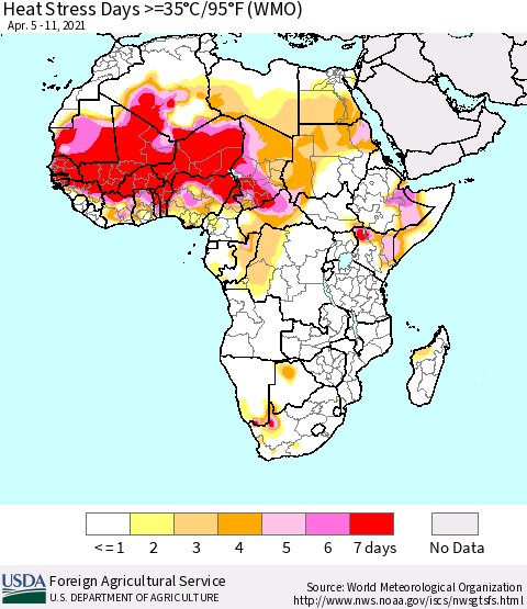 Africa Heat Stress Days >=35°C/95°F (WMO) Thematic Map For 4/5/2021 - 4/11/2021