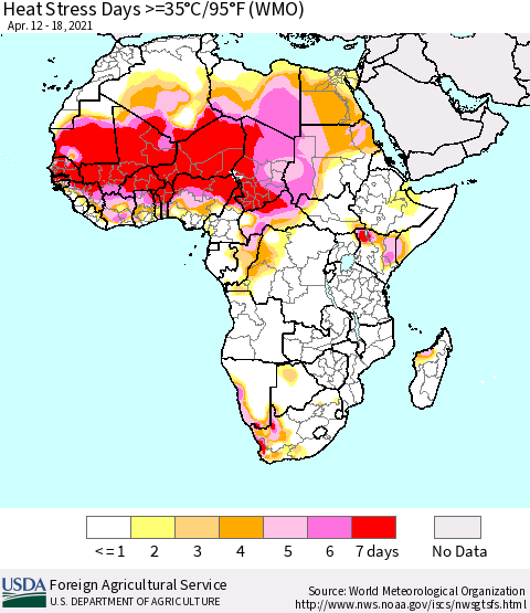 Africa Heat Stress Days >=35°C/95°F (WMO) Thematic Map For 4/12/2021 - 4/18/2021