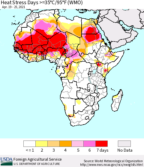 Africa Heat Stress Days >=35°C/95°F (WMO) Thematic Map For 4/19/2021 - 4/25/2021