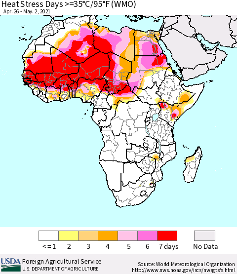 Africa Heat Stress Days >=35°C/95°F (WMO) Thematic Map For 4/26/2021 - 5/2/2021