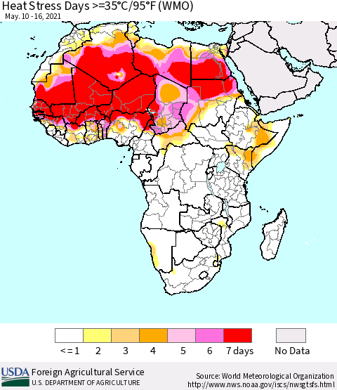 Africa Heat Stress Days >=35°C/95°F (WMO) Thematic Map For 5/10/2021 - 5/16/2021