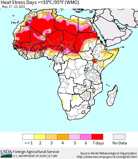 Africa Heat Stress Days >=35°C/95°F (WMO) Thematic Map For 5/17/2021 - 5/23/2021