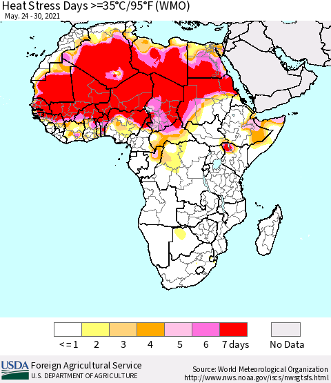 Africa Heat Stress Days >=35°C/95°F (WMO) Thematic Map For 5/24/2021 - 5/30/2021