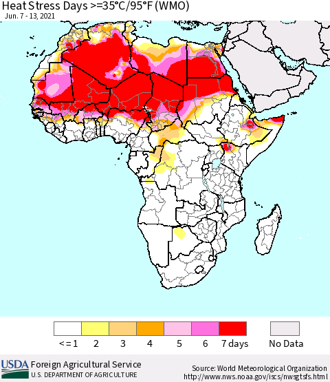 Africa Heat Stress Days >=35°C/95°F (WMO) Thematic Map For 6/7/2021 - 6/13/2021