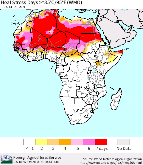Africa Heat Stress Days >=35°C/95°F (WMO) Thematic Map For 6/14/2021 - 6/20/2021