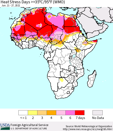 Africa Heat Stress Days >=35°C/95°F (WMO) Thematic Map For 6/21/2021 - 6/27/2021