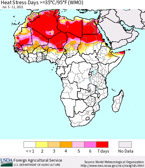 Africa Heat Stress Days >=35°C/95°F (WMO) Thematic Map For 7/5/2021 - 7/11/2021