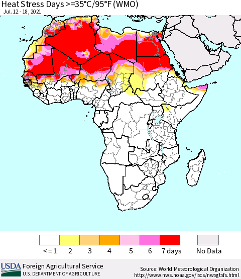 Africa Heat Stress Days >=35°C/95°F (WMO) Thematic Map For 7/12/2021 - 7/18/2021