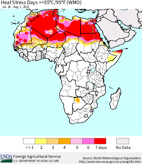 Africa Heat Stress Days >=35°C/95°F (WMO) Thematic Map For 7/26/2021 - 8/1/2021