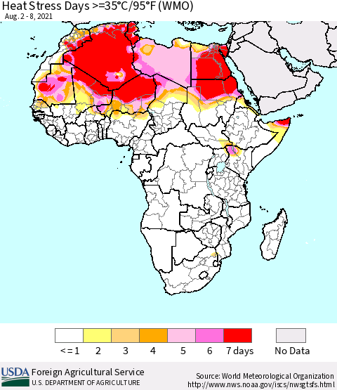 Africa Heat Stress Days >=35°C/95°F (WMO) Thematic Map For 8/2/2021 - 8/8/2021