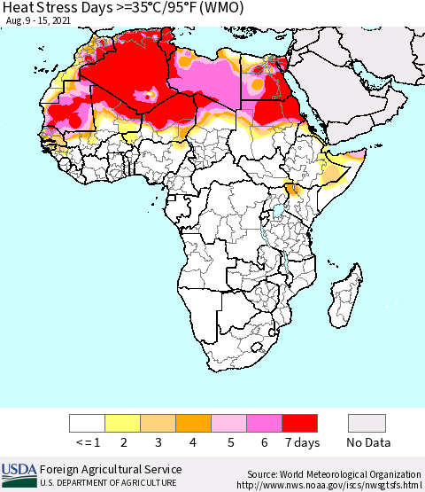 Africa Heat Stress Days >=35°C/95°F (WMO) Thematic Map For 8/9/2021 - 8/15/2021