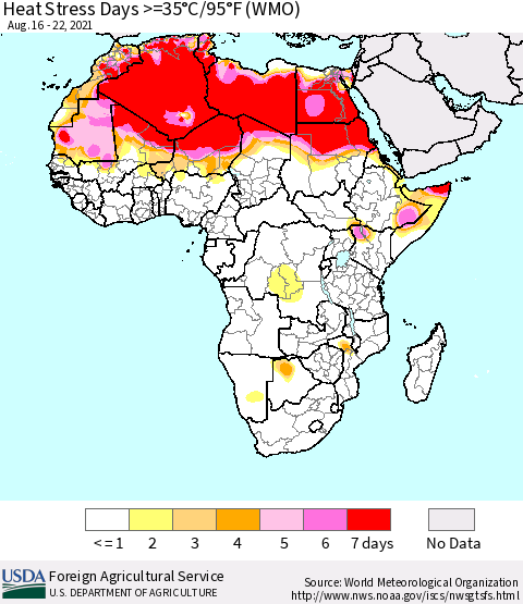 Africa Heat Stress Days >=35°C/95°F (WMO) Thematic Map For 8/16/2021 - 8/22/2021