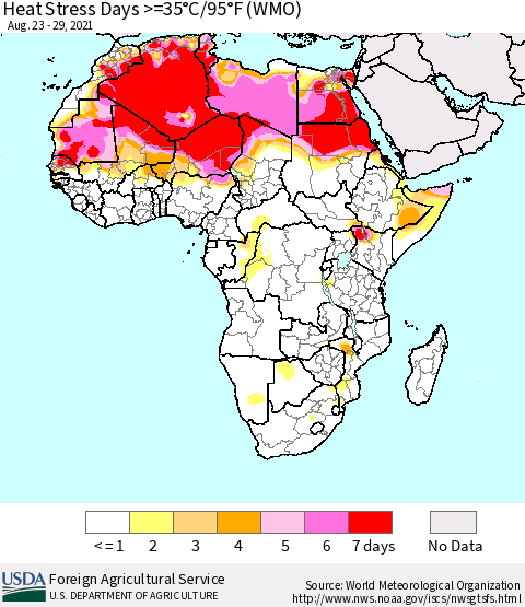 Africa Heat Stress Days >=35°C/95°F (WMO) Thematic Map For 8/23/2021 - 8/29/2021