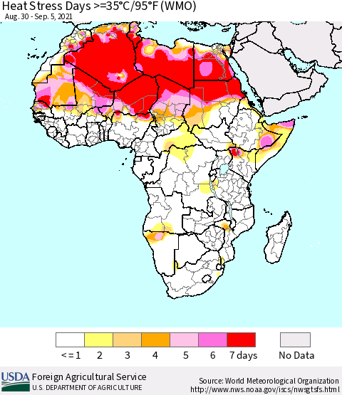 Africa Heat Stress Days >=35°C/95°F (WMO) Thematic Map For 8/30/2021 - 9/5/2021