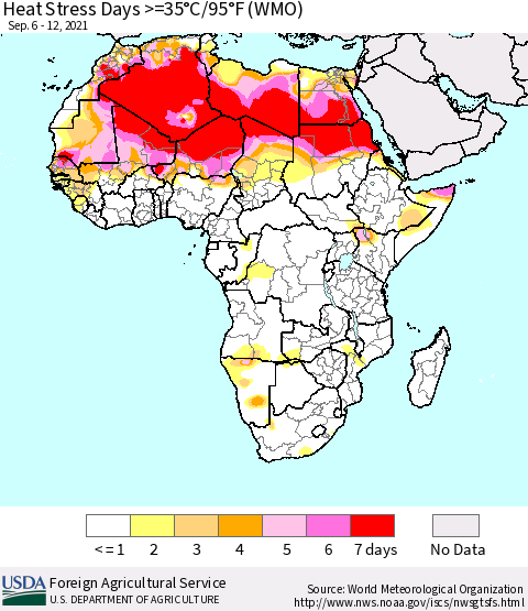 Africa Heat Stress Days >=35°C/95°F (WMO) Thematic Map For 9/6/2021 - 9/12/2021