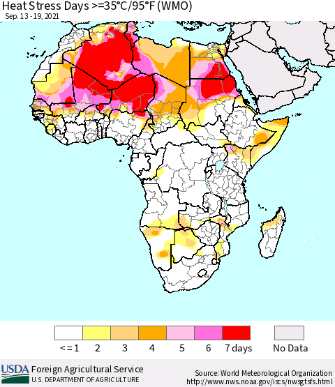Africa Heat Stress Days >=35°C/95°F (WMO) Thematic Map For 9/13/2021 - 9/19/2021