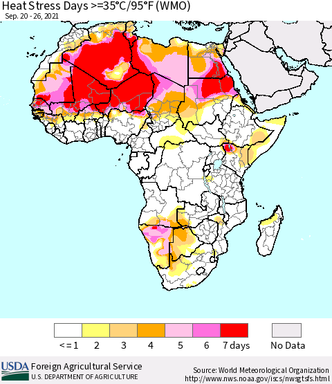 Africa Heat Stress Days >=35°C/95°F (WMO) Thematic Map For 9/20/2021 - 9/26/2021