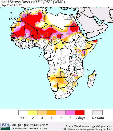 Africa Heat Stress Days >=35°C/95°F (WMO) Thematic Map For 9/27/2021 - 10/3/2021