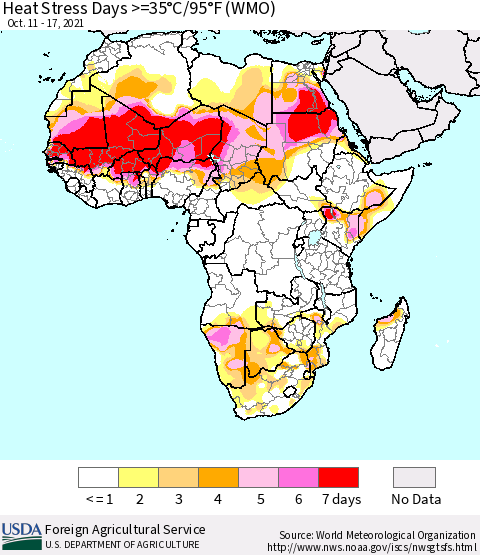 Africa Heat Stress Days >=35°C/95°F (WMO) Thematic Map For 10/11/2021 - 10/17/2021