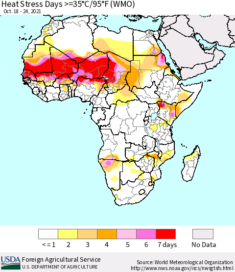 Africa Heat Stress Days >=35°C/95°F (WMO) Thematic Map For 10/18/2021 - 10/24/2021