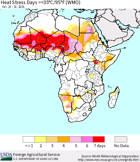 Africa Heat Stress Days >=35°C/95°F (WMO) Thematic Map For 10/25/2021 - 10/31/2021