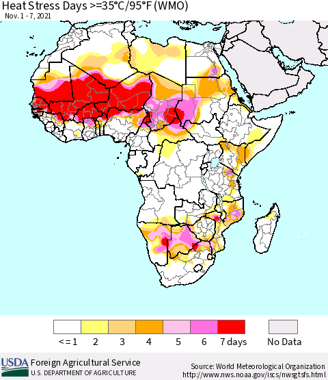 Africa Heat Stress Days >=35°C/95°F (WMO) Thematic Map For 11/1/2021 - 11/7/2021