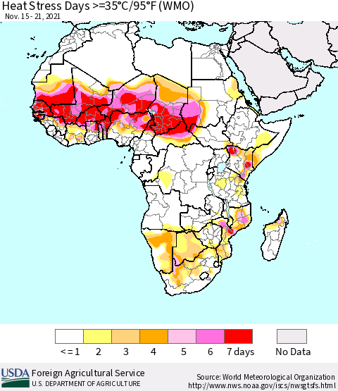 Africa Heat Stress Days >=35°C/95°F (WMO) Thematic Map For 11/15/2021 - 11/21/2021