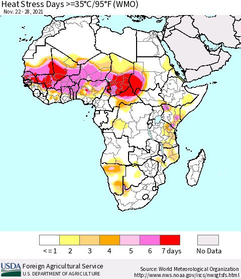 Africa Heat Stress Days >=35°C/95°F (WMO) Thematic Map For 11/22/2021 - 11/28/2021