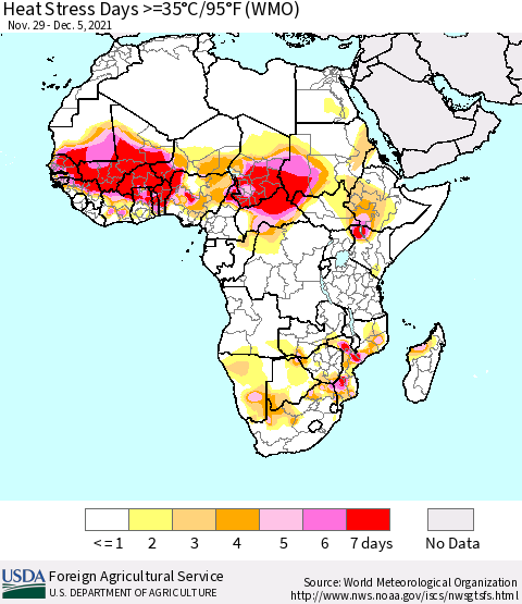 Africa Heat Stress Days >=35°C/95°F (WMO) Thematic Map For 11/29/2021 - 12/5/2021