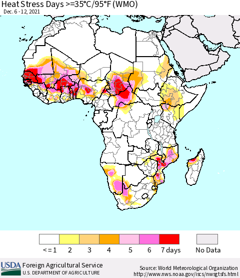 Africa Heat Stress Days >=35°C/95°F (WMO) Thematic Map For 12/6/2021 - 12/12/2021