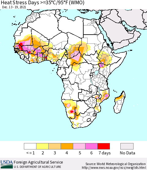 Africa Heat Stress Days >=35°C/95°F (WMO) Thematic Map For 12/13/2021 - 12/19/2021