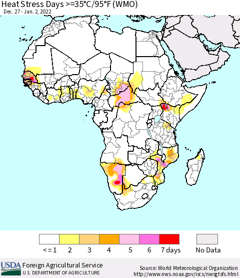Africa Heat Stress Days >=35°C/95°F (WMO) Thematic Map For 12/27/2021 - 1/2/2022