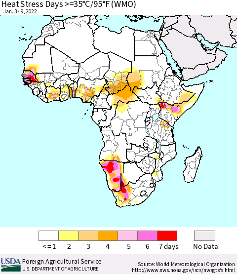 Africa Heat Stress Days >=35°C/95°F (WMO) Thematic Map For 1/3/2022 - 1/9/2022