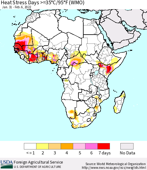 Africa Heat Stress Days >=35°C/95°F (WMO) Thematic Map For 1/31/2022 - 2/6/2022