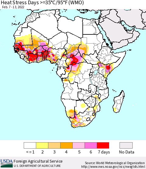Africa Heat Stress Days >=35°C/95°F (WMO) Thematic Map For 2/7/2022 - 2/13/2022