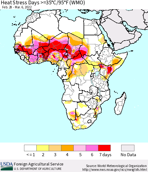 Africa Heat Stress Days >=35°C/95°F (WMO) Thematic Map For 2/28/2022 - 3/6/2022