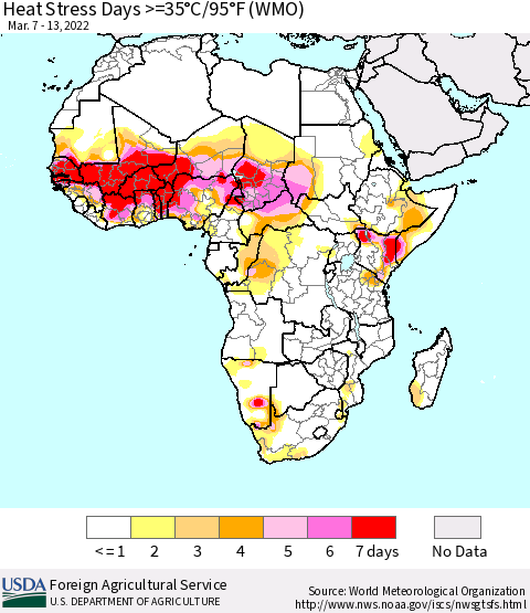 Africa Heat Stress Days >=35°C/95°F (WMO) Thematic Map For 3/7/2022 - 3/13/2022