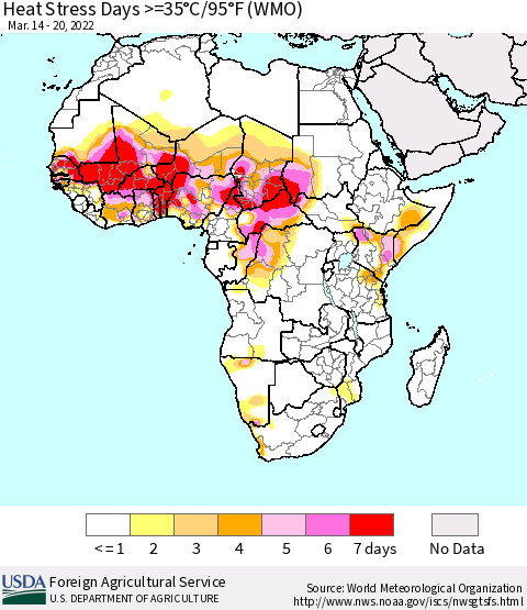 Africa Heat Stress Days >=35°C/95°F (WMO) Thematic Map For 3/14/2022 - 3/20/2022