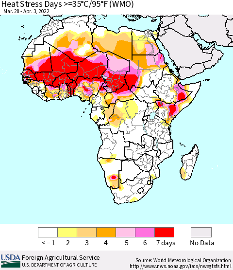 Africa Heat Stress Days >=35°C/95°F (WMO) Thematic Map For 3/28/2022 - 4/3/2022